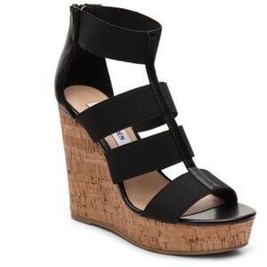 STEVE MADDEN SELINAH WEDGE SANDAL size 10 black and cork zipper back